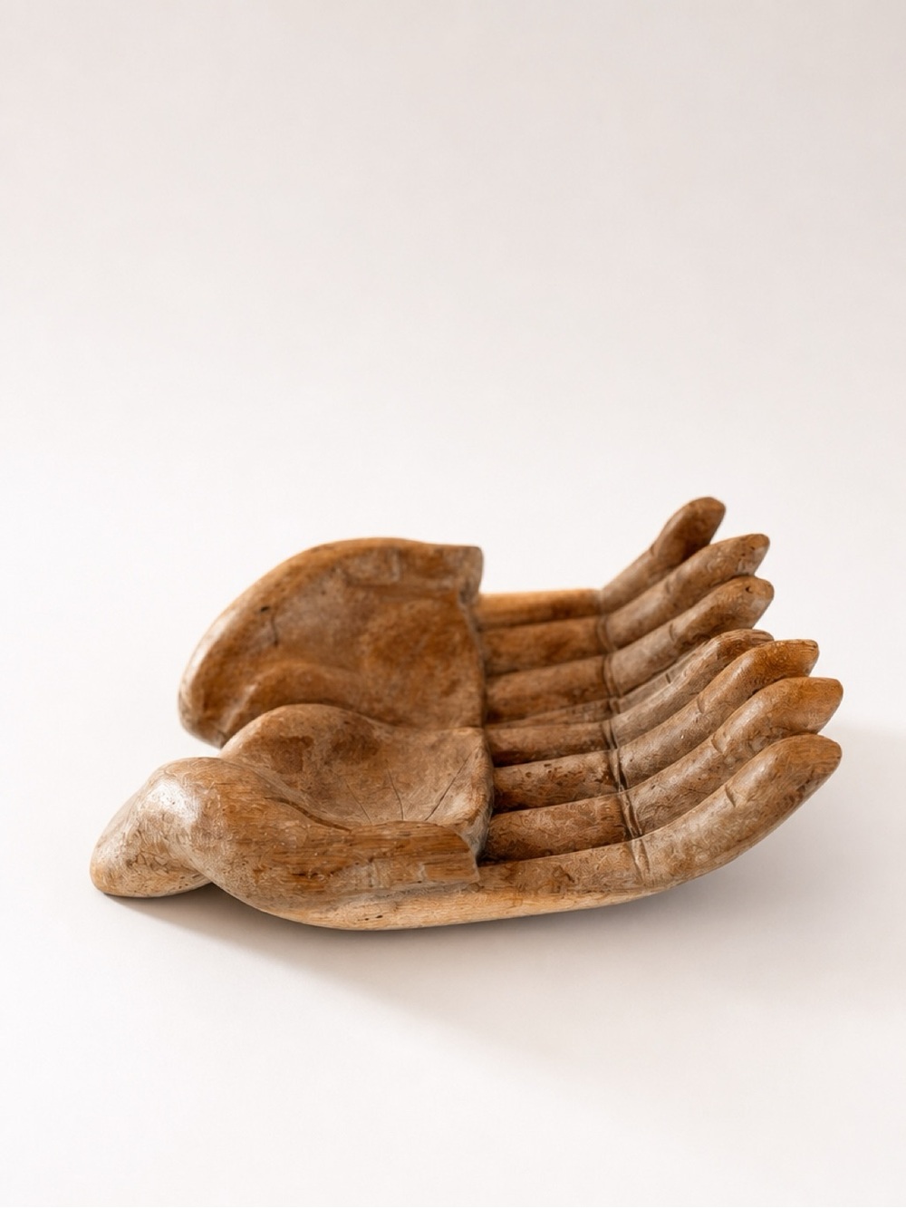 CARVED SUAR WOOD CUPPED/BEGGING‎ HANDS OFFERING SCULPTURE BOWL RUSTIC JAPANDI